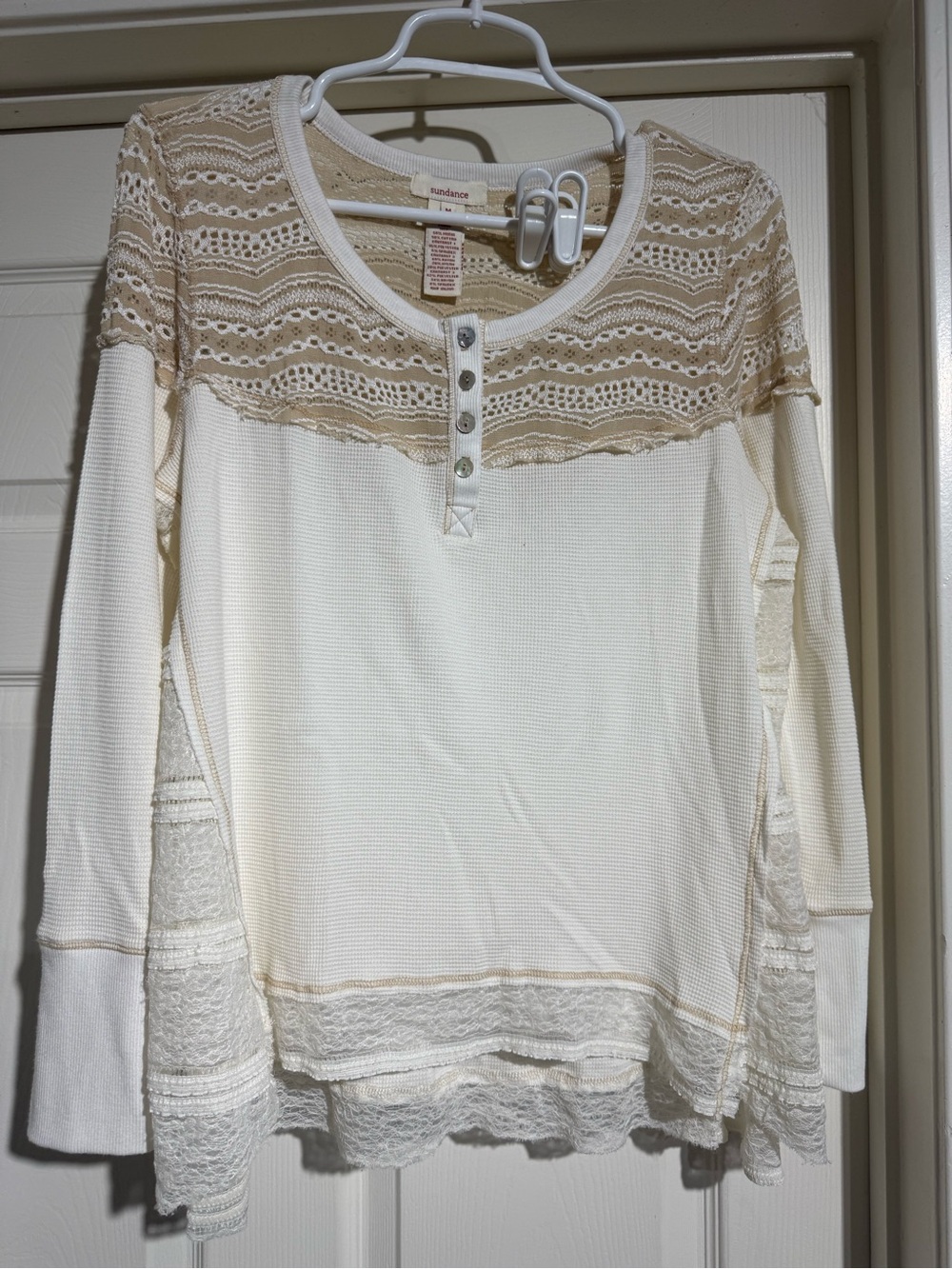 Sundance NWOT Women Cream Lace-Trim Waffle Knit Long Sleeve Henley, Medium